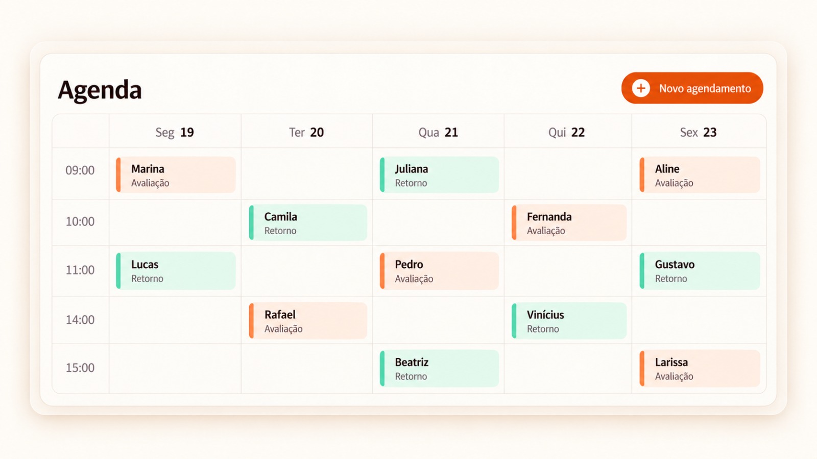 Tela da Agenda com os horários do dia (demonstração ilustrativa, dados fictícios)